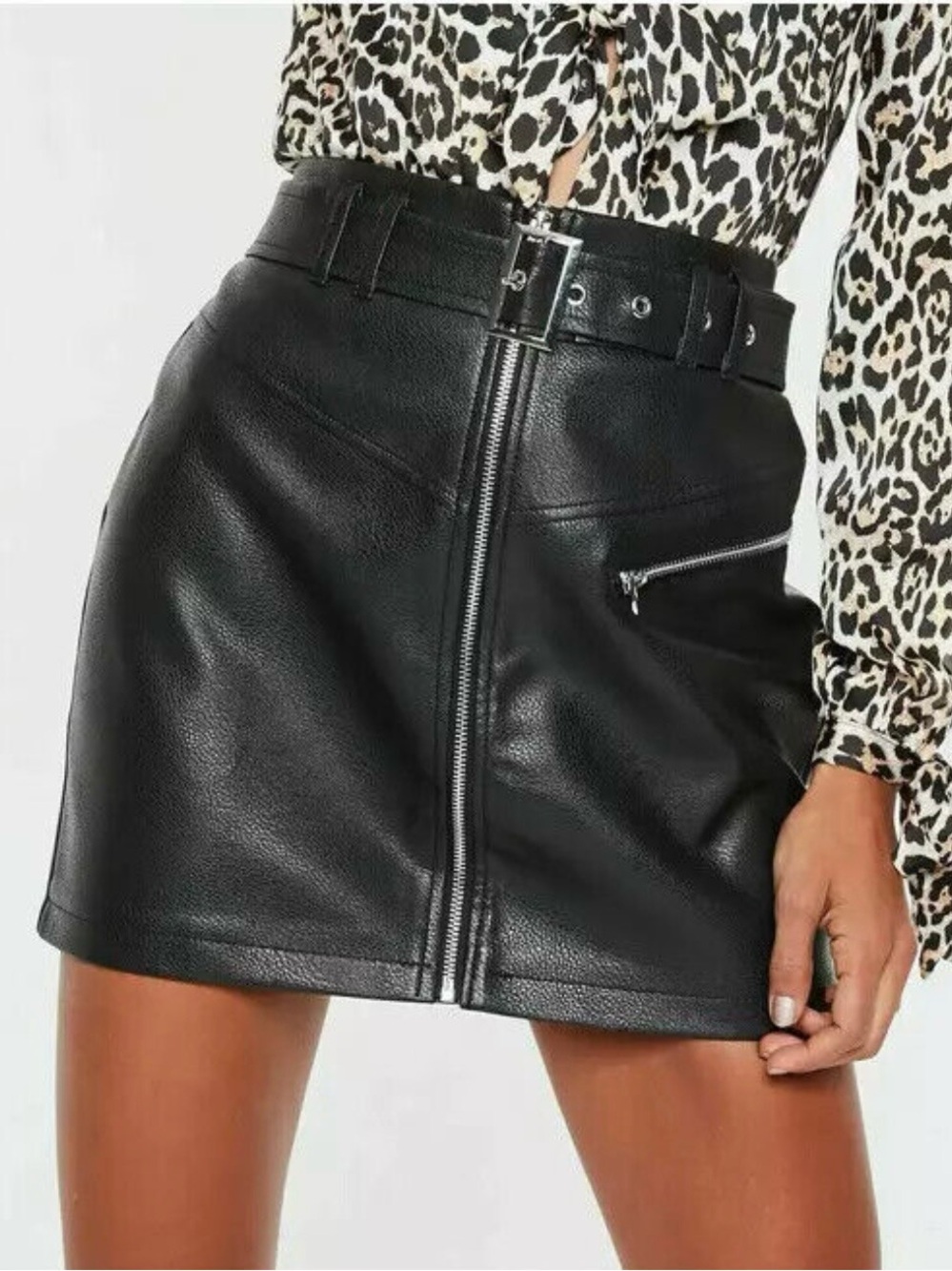 MISSGUIDED Faux Leather Buckle Detail Mini Skirt Black Zip-Front